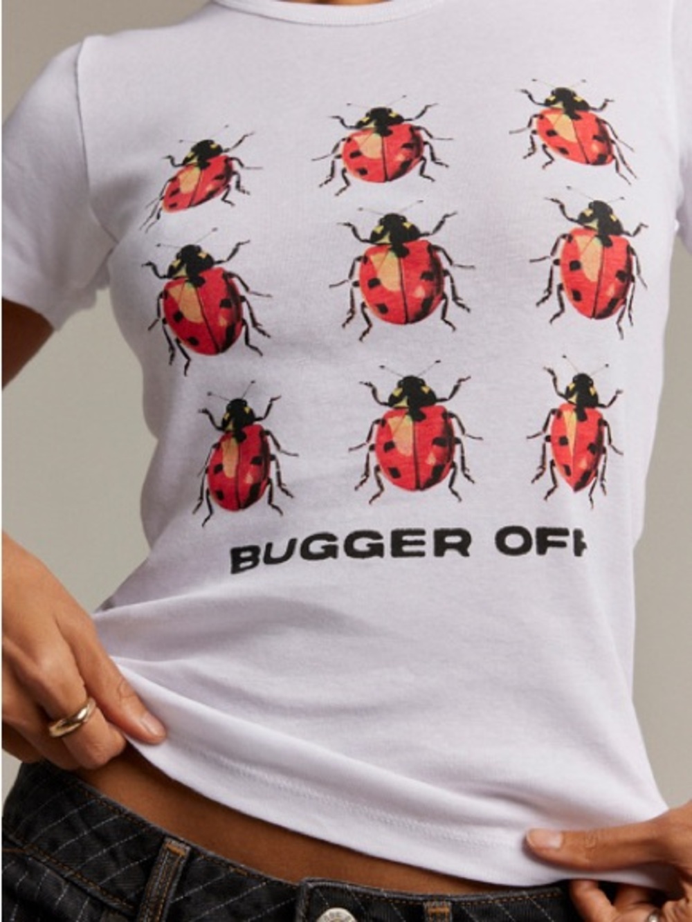 NWT Basic Pleasure Mode Ladybug Bugger Off Baby Tee White L